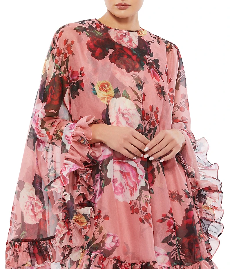 Mac Duggal Floral Ruffle Jewel Neckline Cape Sleeve Mini Dress