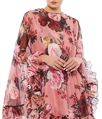 Mac Duggal Floral Ruffle Jewel Neckline Cape Sleeve Mini Dress