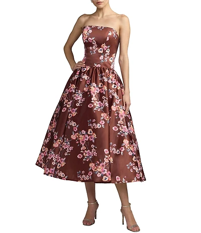 Mac Duggal Floral Satin Strapless Drop Waist Midi Dress
