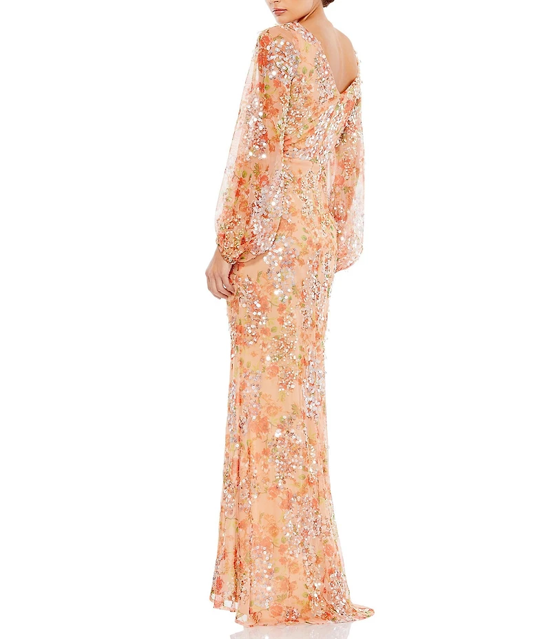 Mac Duggal Floral Print Sequin Boat Neck Long Sleeve Front Slit Gown