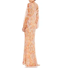Mac Duggal Floral Print Sequin Boat Neck Long Sleeve Front Slit Gown