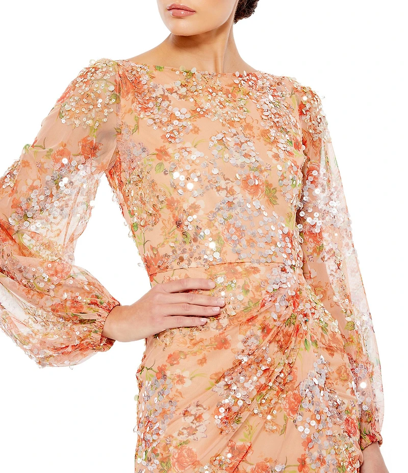 Mac Duggal Floral Print Sequin Boat Neck Long Sleeve Front Slit Gown