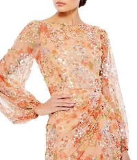 Mac Duggal Floral Print Sequin Boat Neck Long Sleeve Front Slit Gown