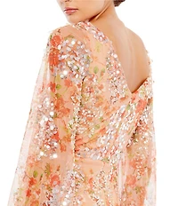 Mac Duggal Floral Print Sequin Boat Neck Long Sleeve Front Slit Gown