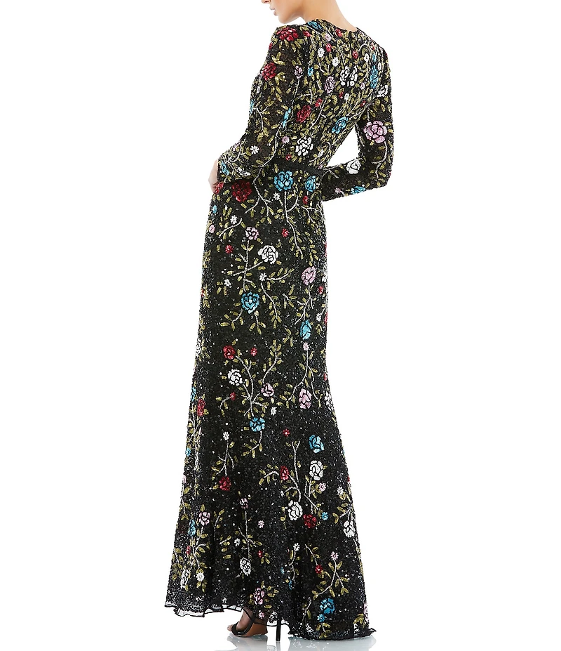 Mac Duggal Floral Sequin Embellished Crew Neck Long Sleeve Gown