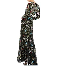 Mac Duggal Floral Sequin Embellished Crew Neck Long Sleeve Gown