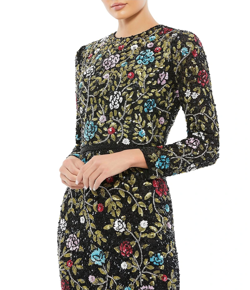 Mac Duggal Floral Sequin Embellished Crew Neck Long Sleeve Gown