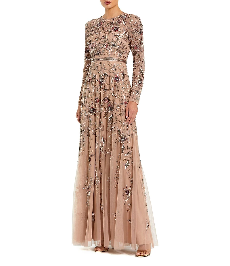 Mac Duggal Floral Sequin Embellished Mesh High Neck Long Sleeves Beaded Waist A-Line Gown Gown