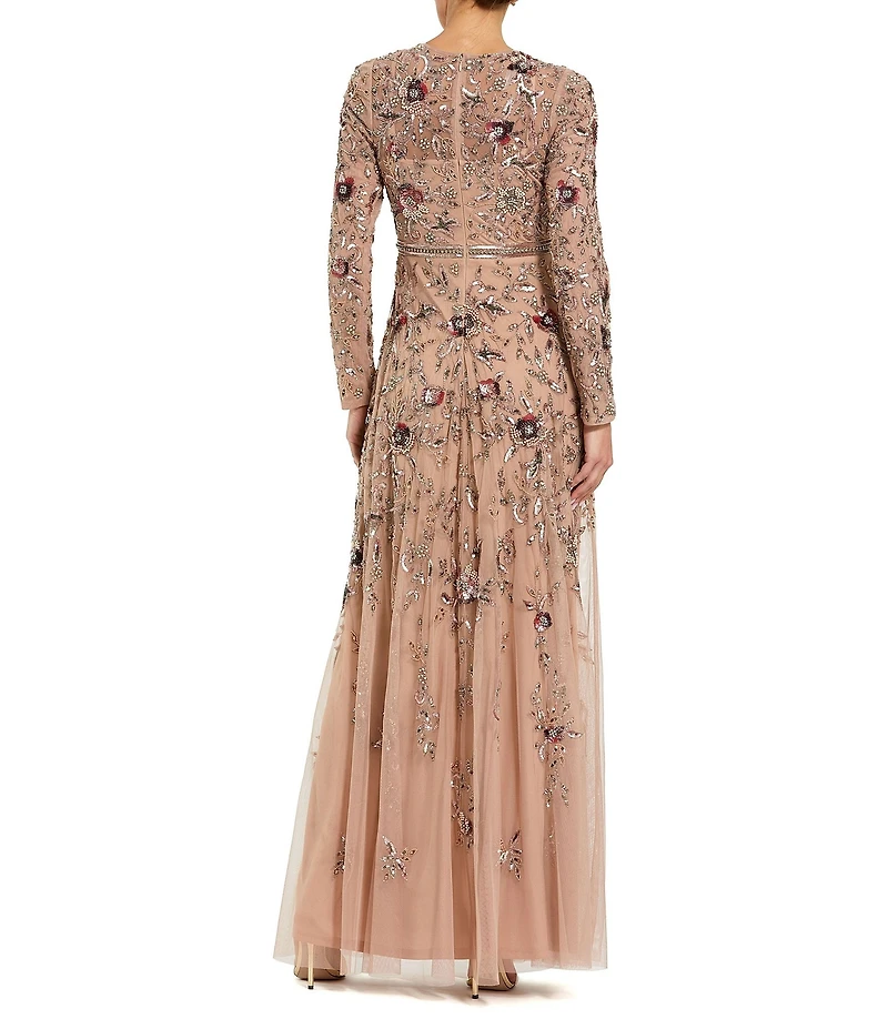 Mac Duggal Floral Sequin Embellished Mesh High Neck Long Sleeves Beaded Waist A-Line Gown Gown