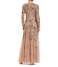 Mac Duggal Floral Sequin Embellished Mesh High Neck Long Sleeves Beaded Waist A-Line Gown Gown
