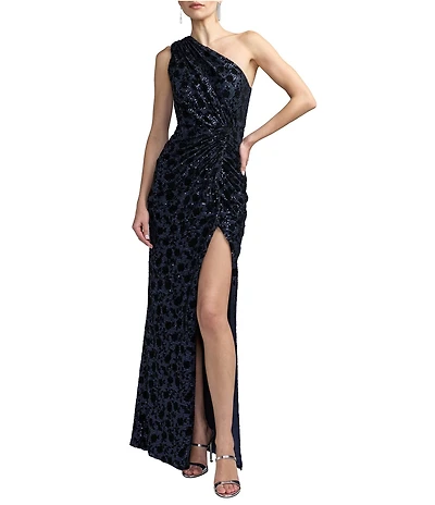 Mac Duggal Floral Sequin One Shoulder Column High Slit Gown