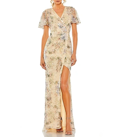 Mac Duggal Floral Sequin Short Butterfly Sleeve Faux Wrap Thigh High Slit Gown