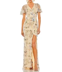 Mac Duggal Floral Sequin Short Butterfly Sleeve Faux Wrap Thigh High Slit Gown