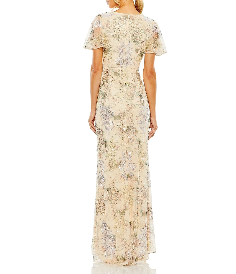 Mac Duggal Floral Sequin Short Butterfly Sleeve Faux Wrap Thigh High Slit Gown