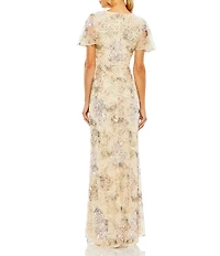 Mac Duggal Floral Sequin Short Butterfly Sleeve Faux Wrap Thigh High Slit Gown