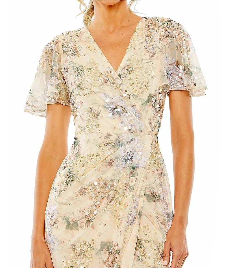 Mac Duggal Floral Sequin Short Butterfly Sleeve Faux Wrap Thigh High Slit Gown