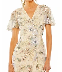 Mac Duggal Floral Sequin Short Butterfly Sleeve Faux Wrap Thigh High Slit Gown