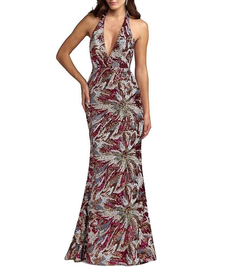 Mac Duggal Floral Sequin Sleeveless Cowl Back Column Gown