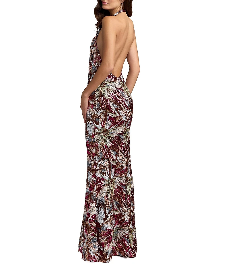 Mac Duggal Floral Sequin Sleeveless Cowl Back Column Gown