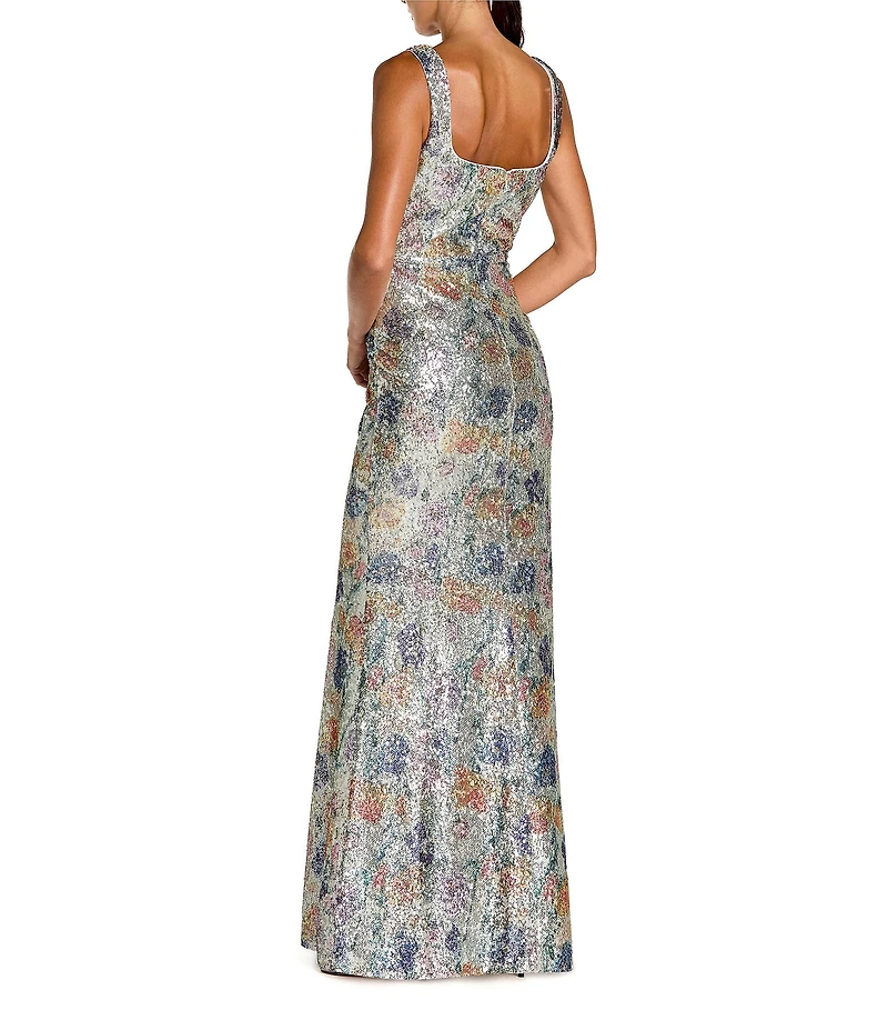 Mac Duggal Floral Sequin Sleeveless Square Neck Sequin Embellished Sheath Gown