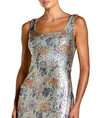 Mac Duggal Floral Sequin Sleeveless Square Neck Sequin Embellished Sheath Gown
