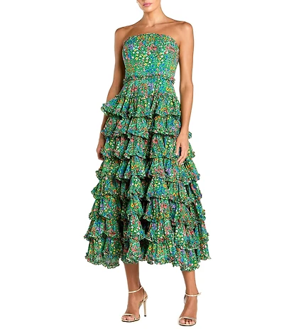 Mac Duggal Floral Strapless Tiered Ruffle Midi Dress