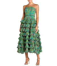 Mac Duggal Floral Strapless Tiered Ruffle Midi Dress