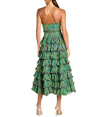 Mac Duggal Floral Strapless Tiered Ruffle Midi Dress