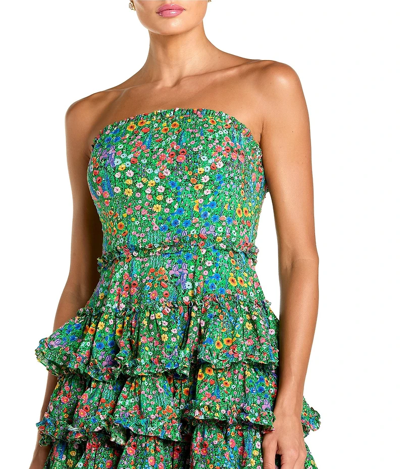 Mac Duggal Floral Strapless Tiered Ruffle Midi Dress