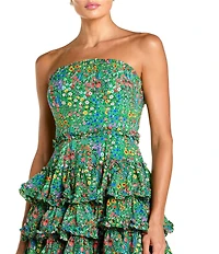 Mac Duggal Floral Strapless Tiered Ruffle Midi Dress
