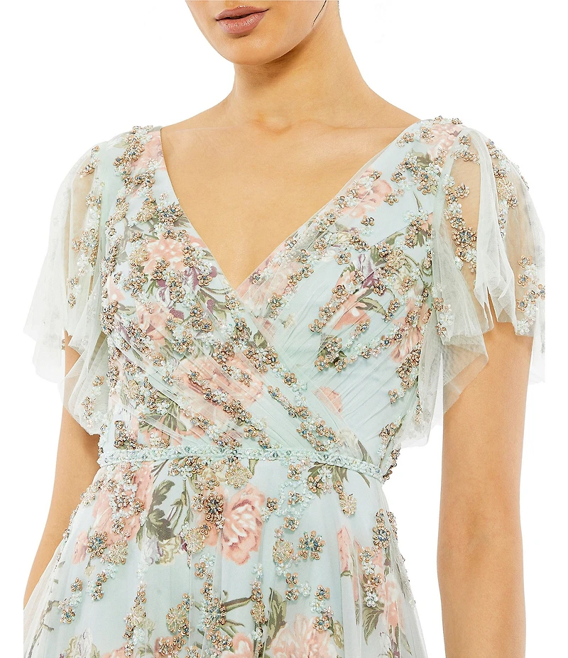 Mac Duggal Floral Surplice V-Neck Short Flutter Sleeve A-Line Gown