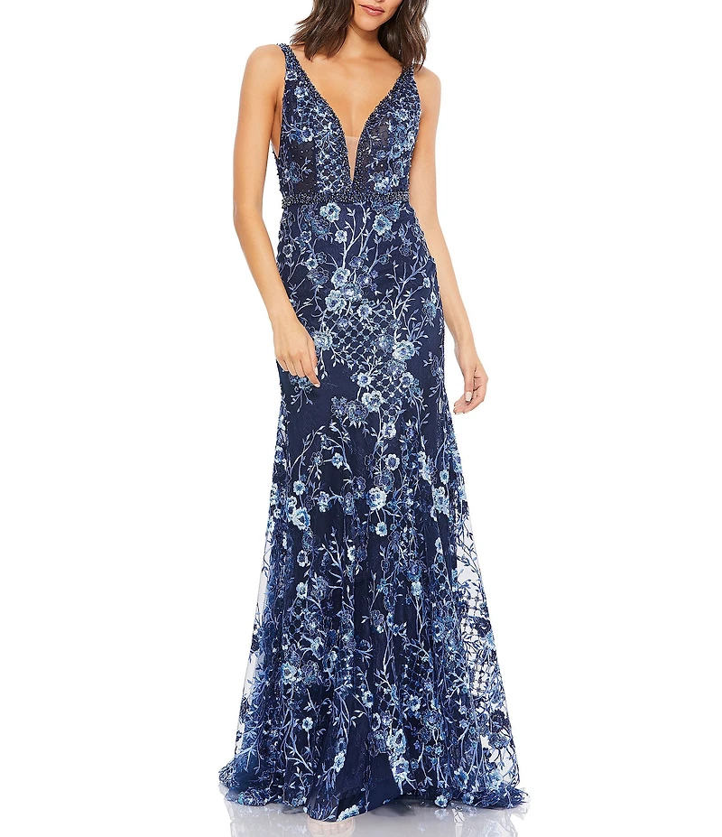 Mac Duggal Floral V-Neck Sleeveless Low Scoop Back Detail Sheath Gown