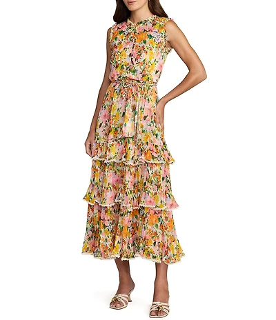 Mac Duggal Floral Viscose Sleeveless Ruffle Ankle Dress