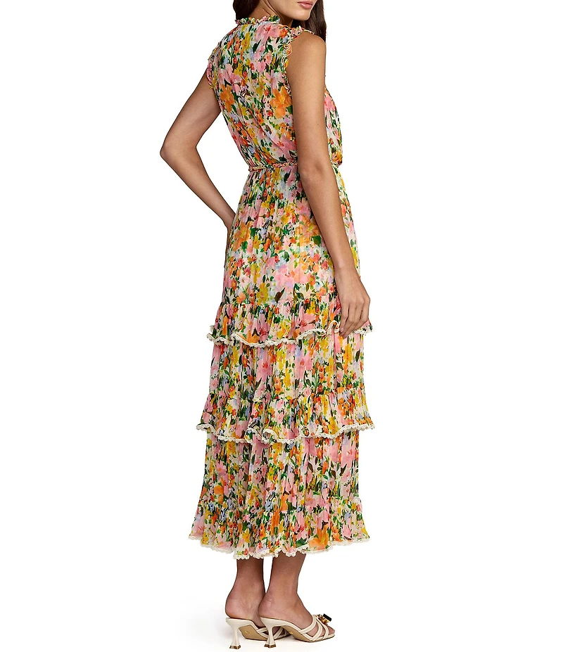 Mac Duggal Floral Viscose Sleeveless Ruffle Ankle Dress