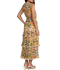 Mac Duggal Floral Viscose Sleeveless Ruffle Ankle Dress