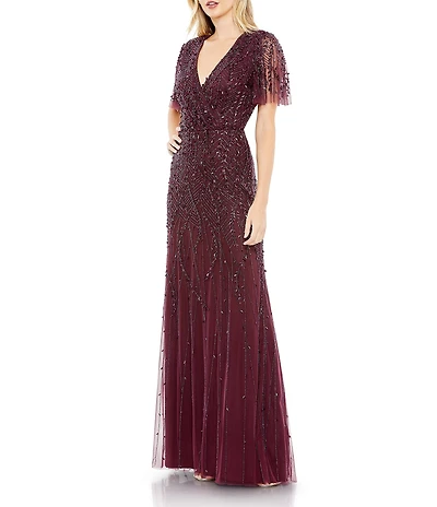 Mac Duggal Flutter Short Sleeve Surplice V-Neck Beaded Sheath Gown