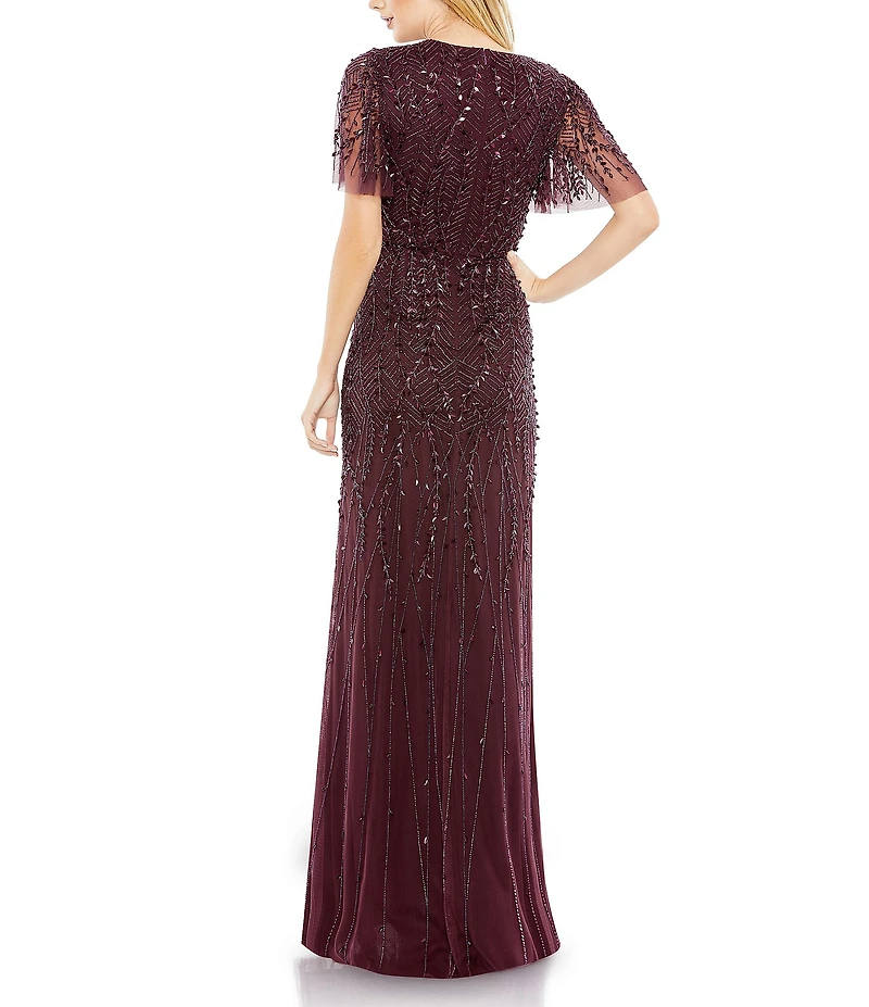 Mac Duggal Flutter Short Sleeve Surplice V-Neck Beaded Sheath Gown