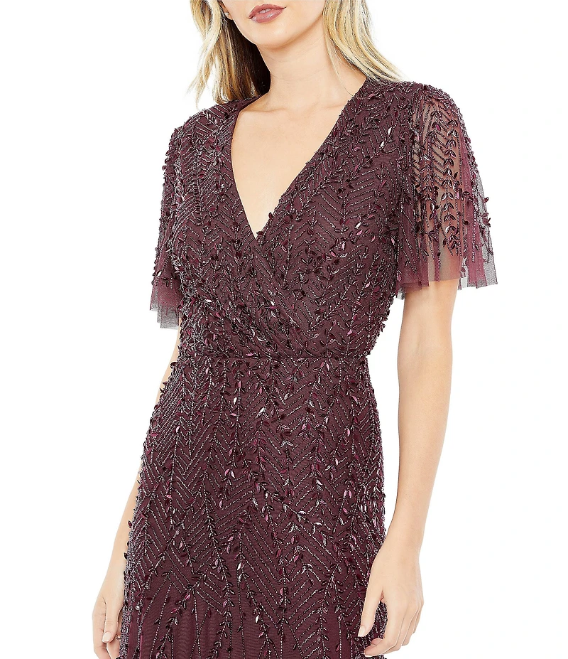 Mac Duggal Flutter Short Sleeve Surplice V-Neck Beaded Sheath Gown