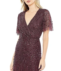Mac Duggal Flutter Short Sleeve Surplice V-Neck Beaded Sheath Gown