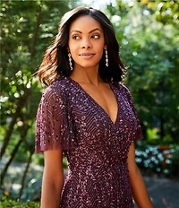 Mac Duggal Flutter Short Sleeve Surplice V-Neck Beaded Sheath Gown