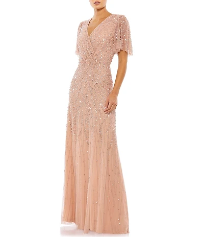 Mac Duggal Flutter Short Sleeve Surplice V-Neck Beaded Sheath Dress