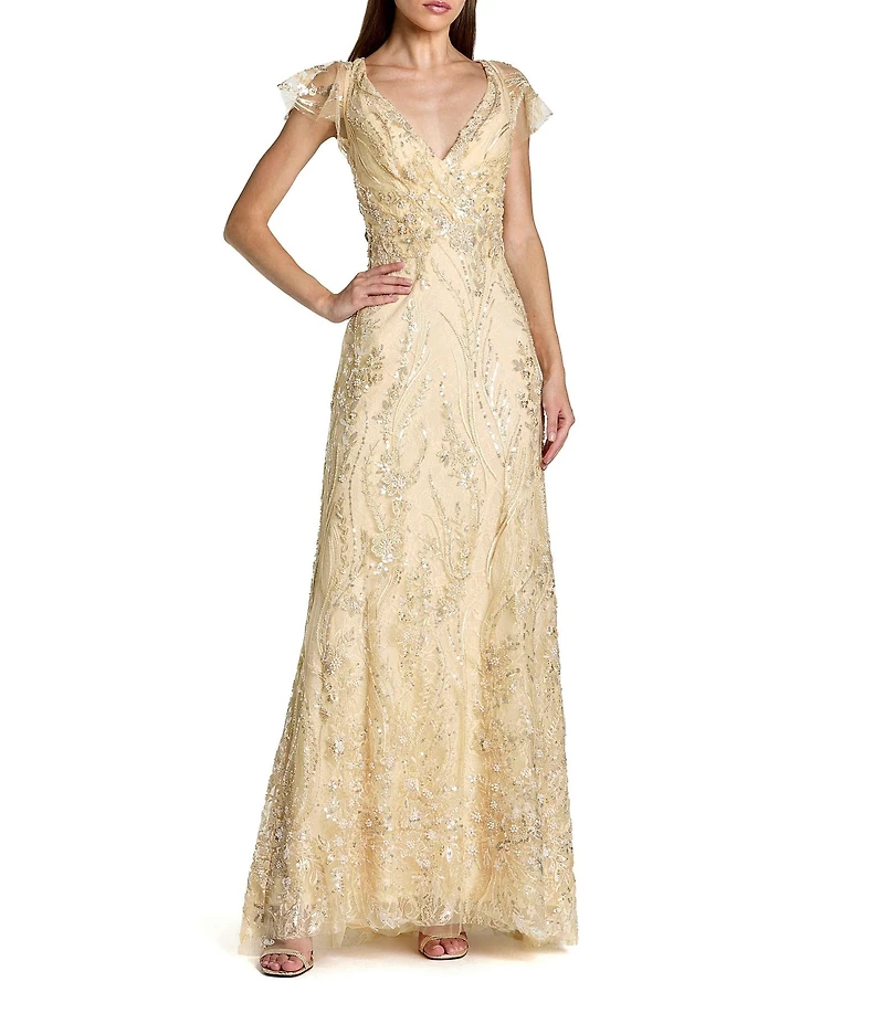 Mac Duggal Flutter Sleeve Embroidered Gown