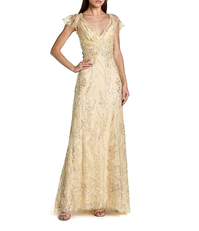 Mac Duggal Flutter Sleeve Embroidered Gown