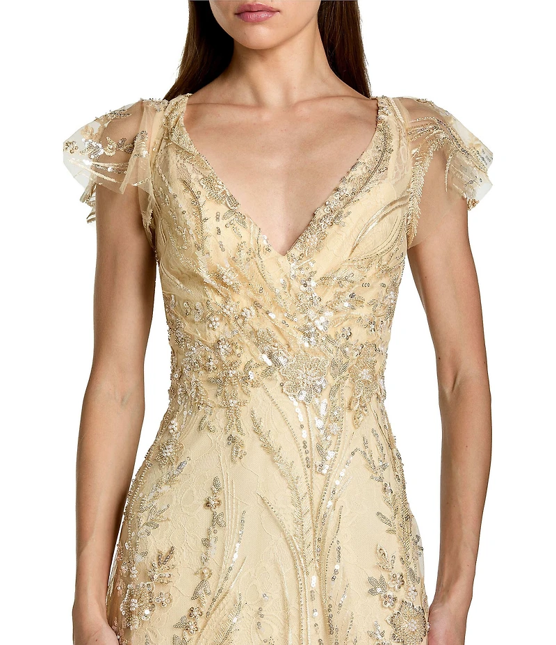Mac Duggal Flutter Sleeve Embroidered Gown