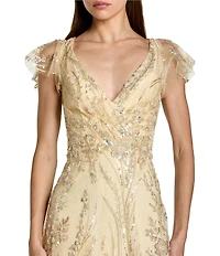 Mac Duggal Flutter Sleeve Embroidered Gown