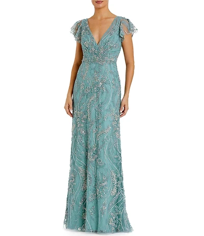 Mac Duggal Flutter Sleeve Embroidered Gown