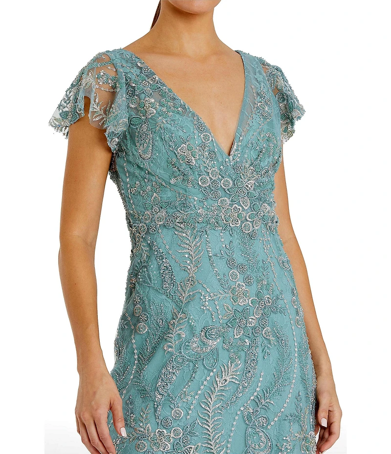 Mac Duggal Flutter Sleeve Embroidered Gown