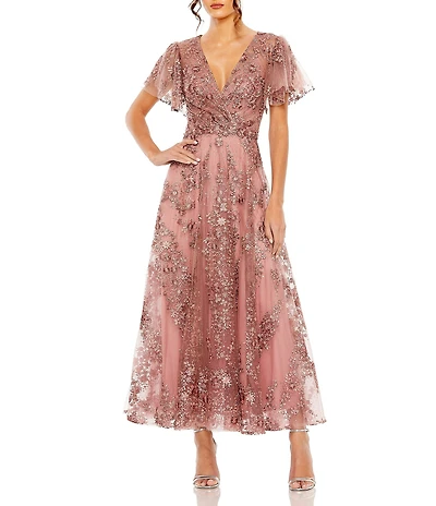 Mac Duggal Flutter Sleeve Faux Wrap Embellished A Line Gown
