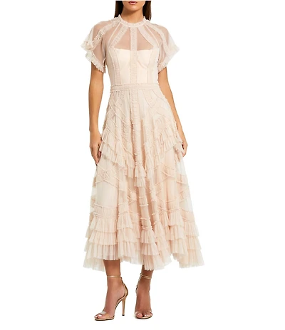 Mac Duggal Flutter Sleeve Mesh Midi Dress With Micro Ruffles