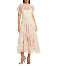 Mac Duggal Flutter Sleeve Mesh Midi Dress With Micro Ruffles